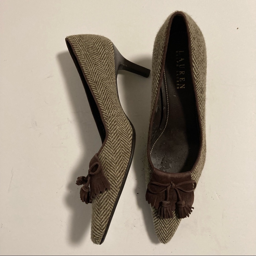 Lauren Ralph Lauren Brown Tweed Pumps Suede Fringe Tassell Pointy Toe Sz 7 1/2B
